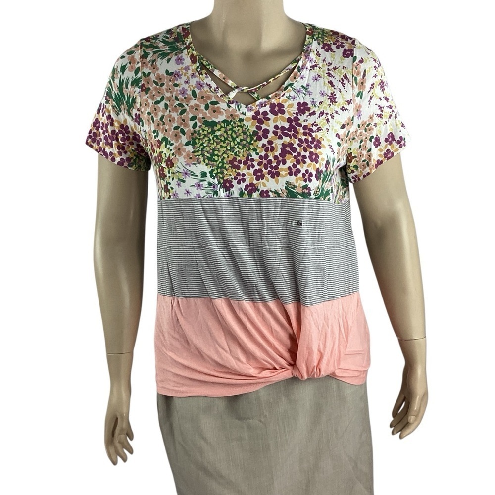24/7 by Maurices Floral Stripe Colorblock Twist Front Top 0X